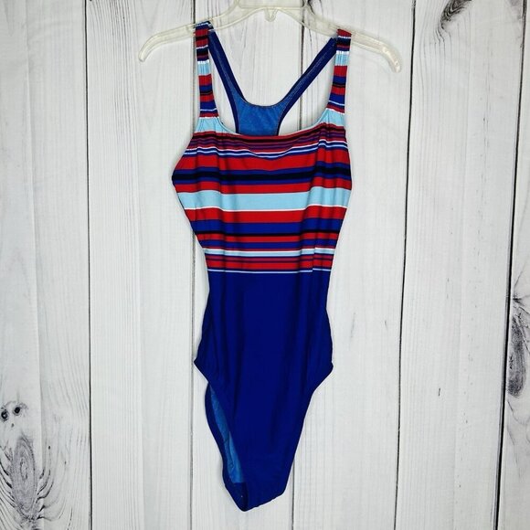 Maxine of Hollywood Swimsuit 16 Striped One-Piece Blue Red White Racerback - Picture 1 of 6